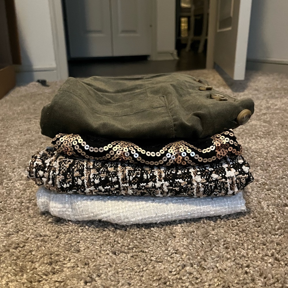 4 skirts- olive green, black sequin, white tweed, black tweed